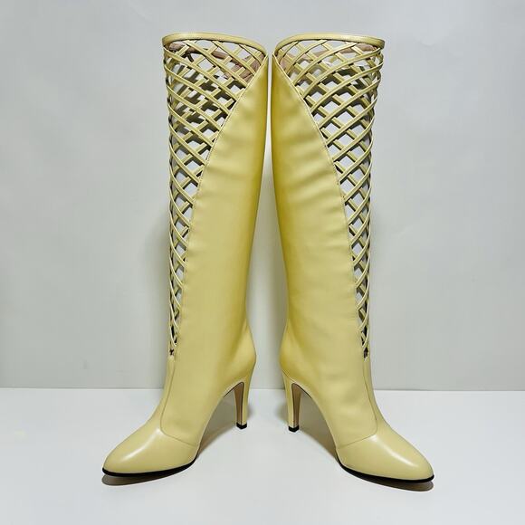 NIB Gucci Lattice Knee-High Boots EU 38.5 US 8.5 Butter Ivory Cutout Leather - Picture 9 of 15